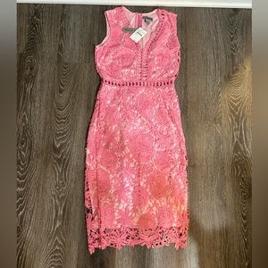 Pink lace cutout midi dress